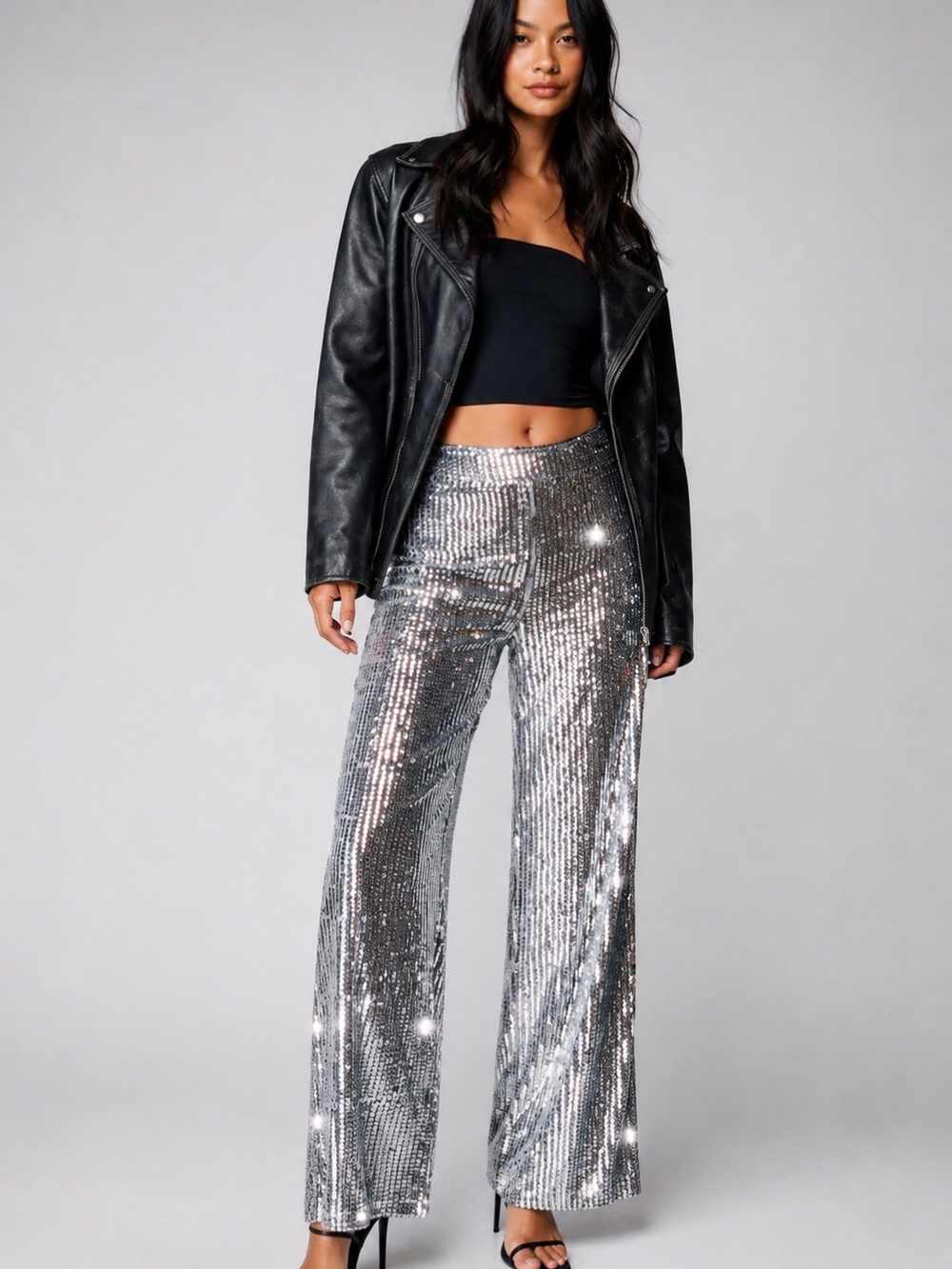 NWT 12th Tribe Silver Sequin Wide Leg Pants | Sparkly Party